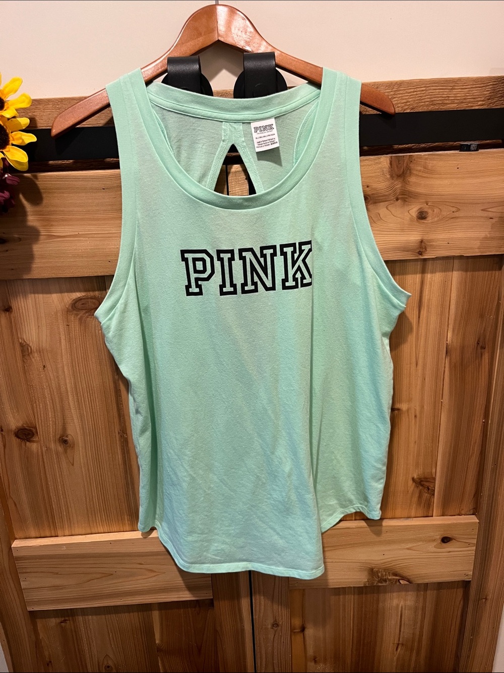 PINK Victoria's Secret Mint Green Racerback Tank with Black Logo